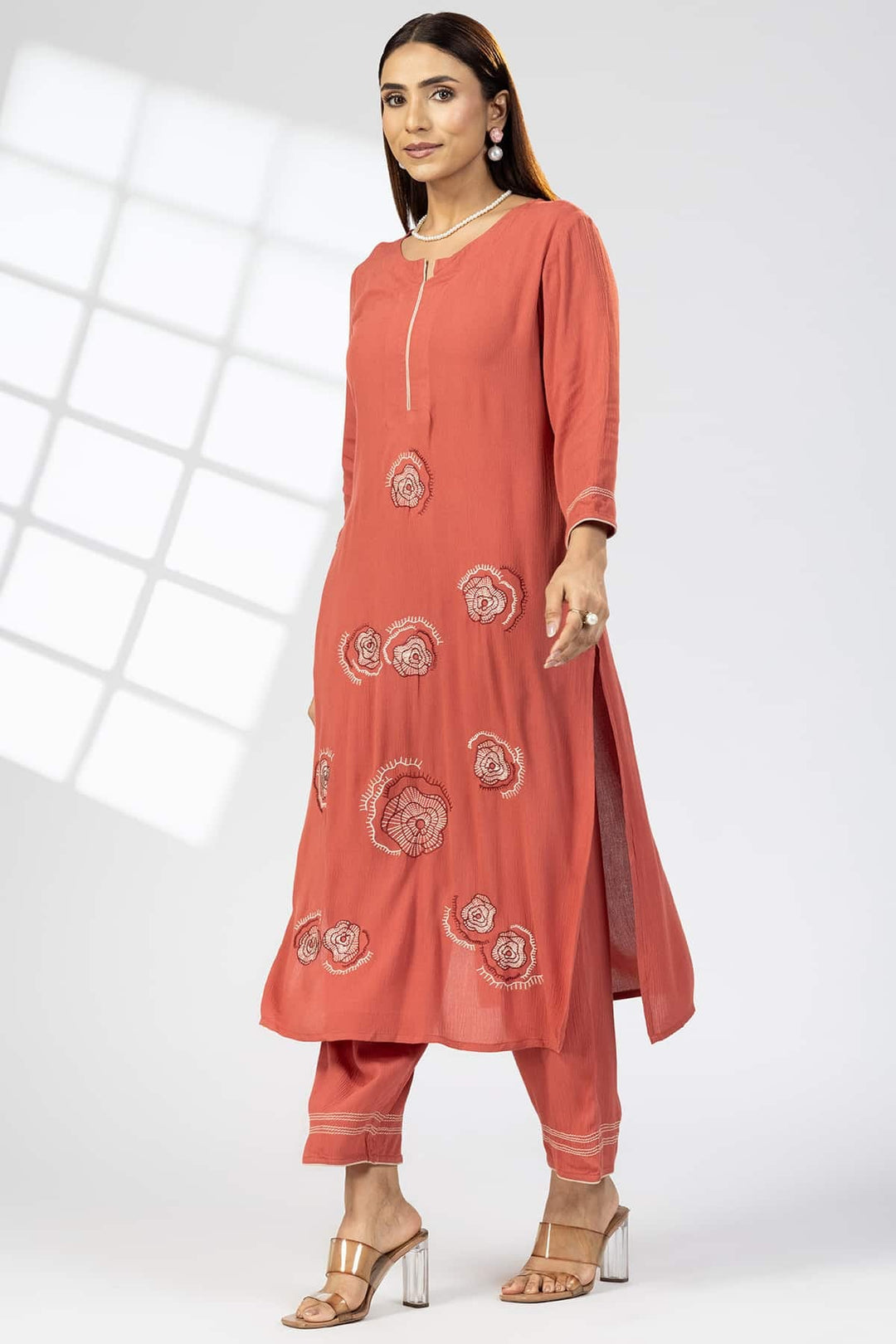 Rust Embroidered Rayon Crepe Kurti with Round Neck
