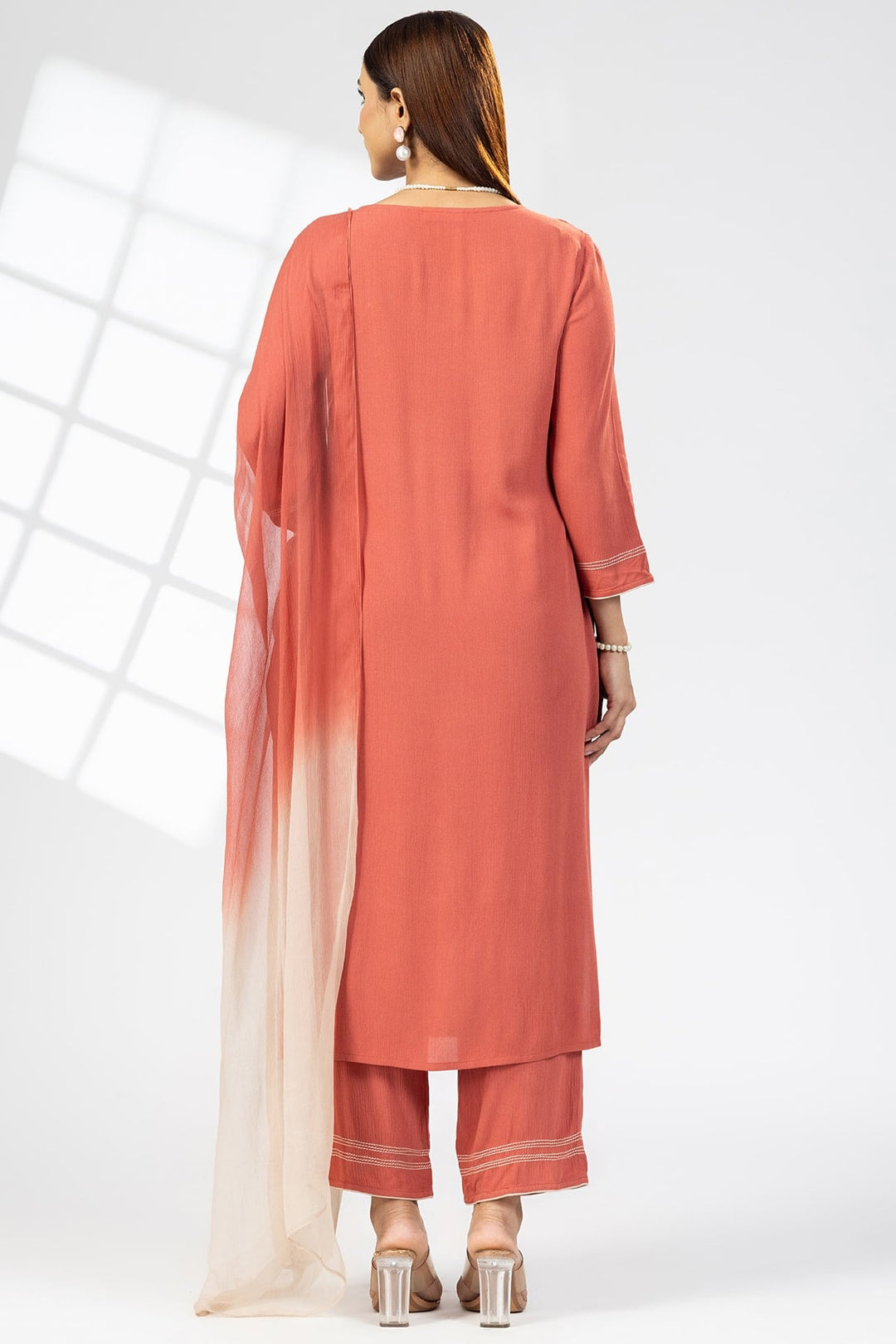 Rust Embroidered Rayon Crepe Kurti with Round Neck