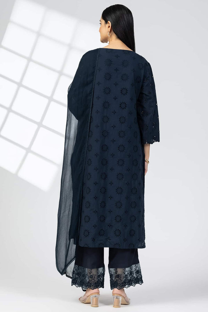 Navy Blue Schiffli Embroidered Kurti