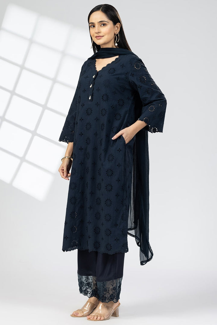 Navy Blue Schiffli Embroidered Kurti