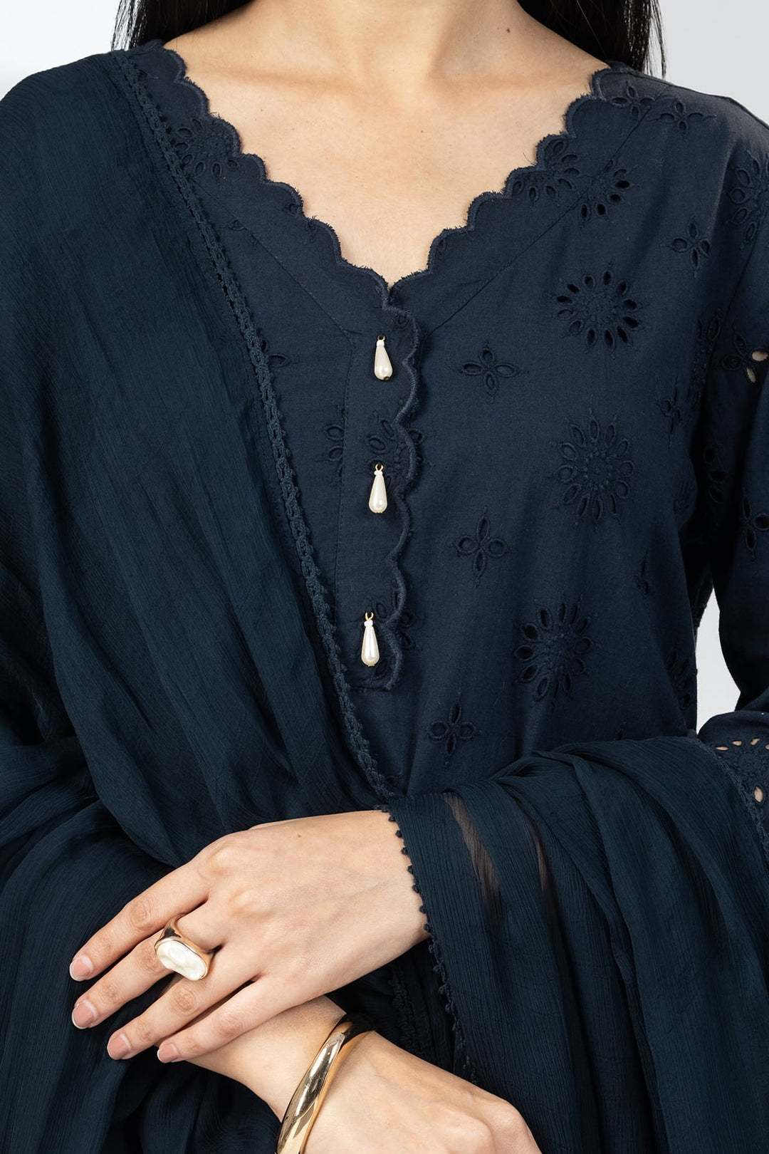 Navy Blue Schiffli Embroidered Kurti