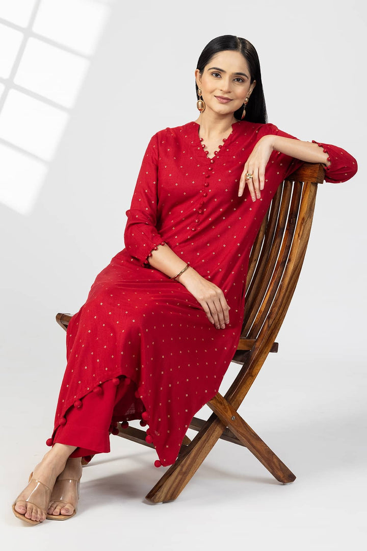Red Foil Print Rayon Slub Kurti with Mandarin Collar