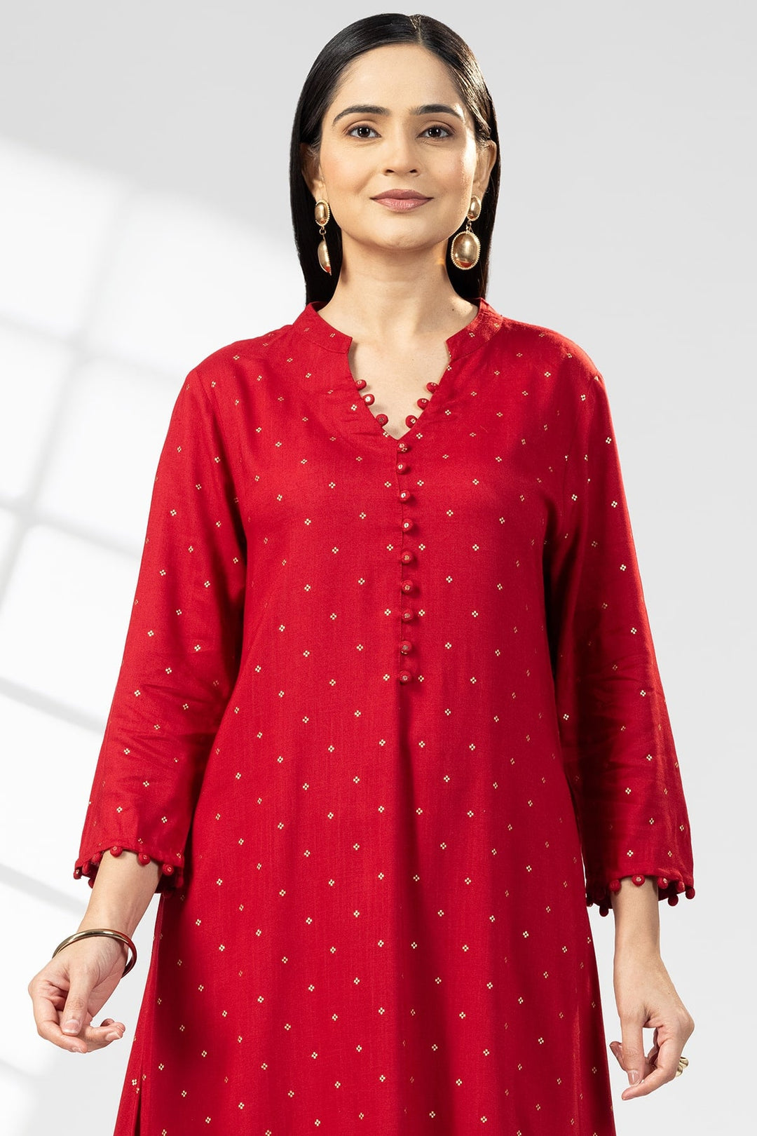 Red Foil Print Rayon Slub Kurti with Mandarin Collar