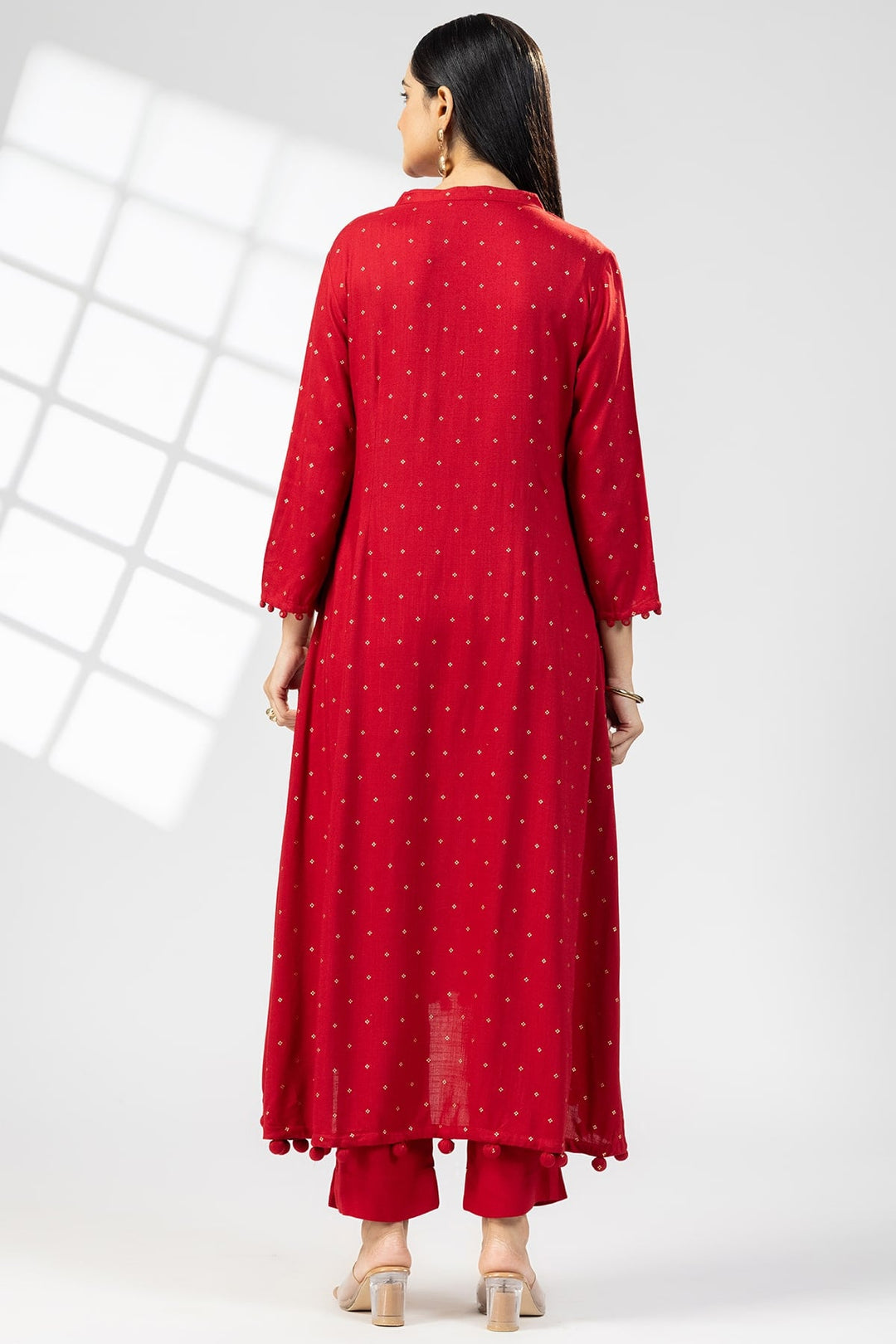 Red Foil Print Rayon Slub Kurti with Mandarin Collar