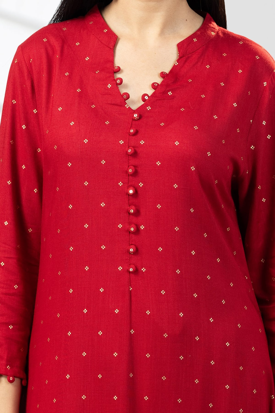 Red Foil Print Rayon Slub Kurti with Mandarin Collar