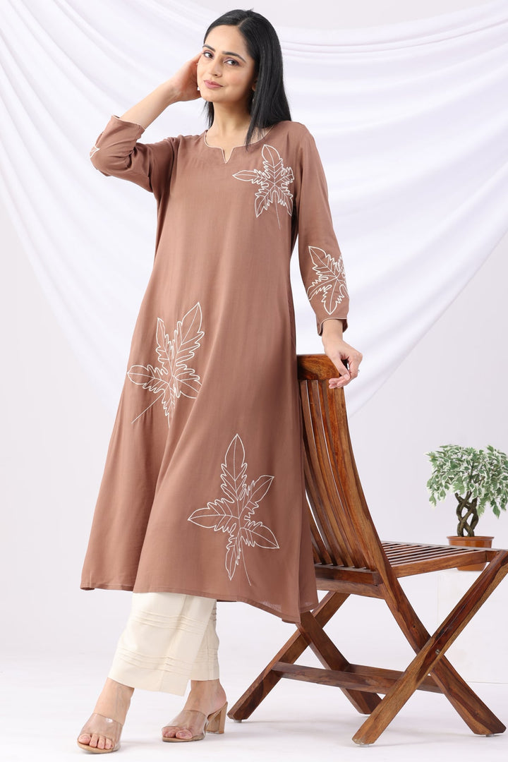 Brown Embroidered Rayon Slub Kurti with Round Neck &amp; 3/4 Sleeves