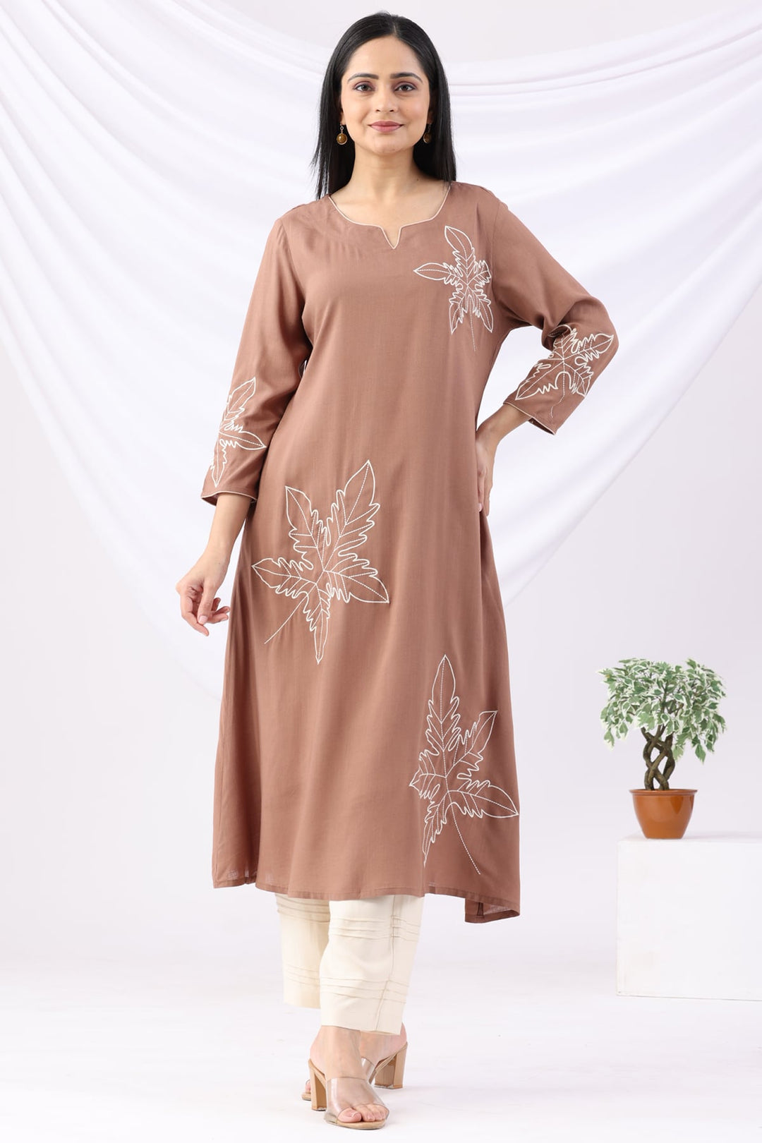Brown Embroidered Rayon Slub Kurti with Round Neck &amp; 3/4 Sleeves