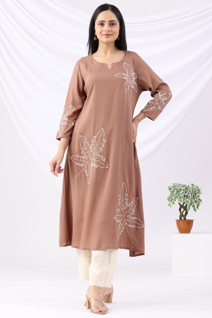 Brown Embroidered Rayon Slub Kurti with Round Neck &amp; 3/4 Sleeves