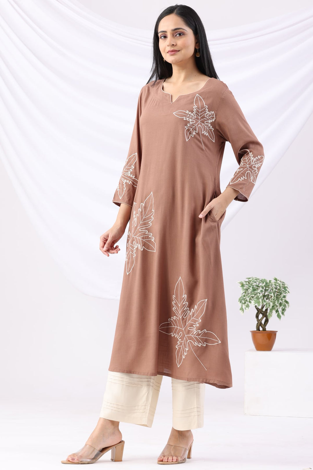 Brown Embroidered Rayon Slub Kurti with Round Neck &amp; 3/4 Sleeves