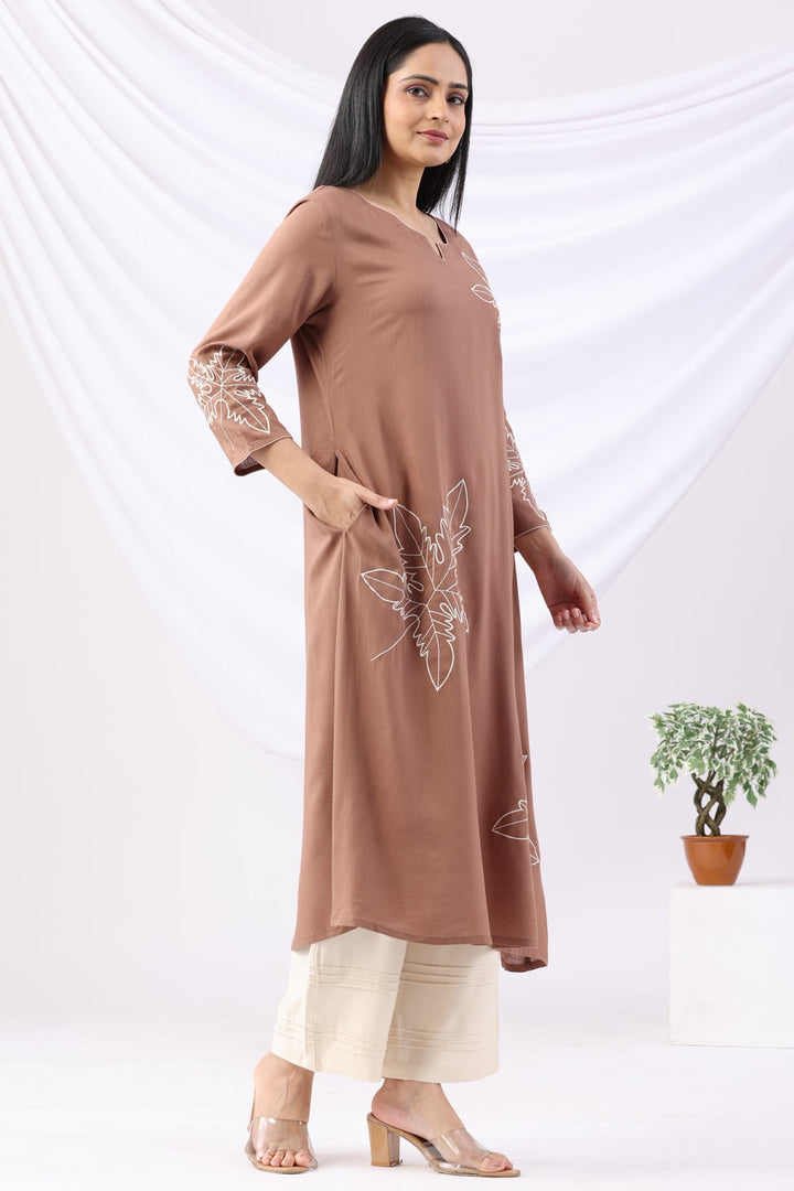 Brown Embroidered Rayon Slub Kurti with Round Neck &amp; 3/4 Sleeves