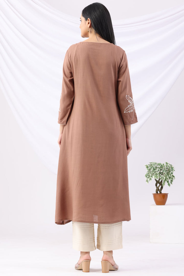 Brown Embroidered Rayon Slub Kurti with Round Neck &amp; 3/4 Sleeves