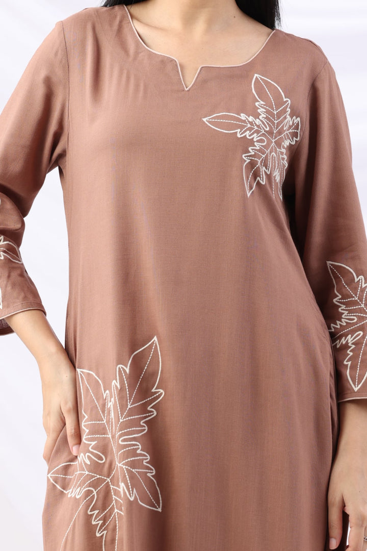 Brown Embroidered Rayon Slub Kurti with Round Neck &amp; 3/4 Sleeves