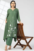 Green Rayon Slub Embroidered Kurti with Round Neck