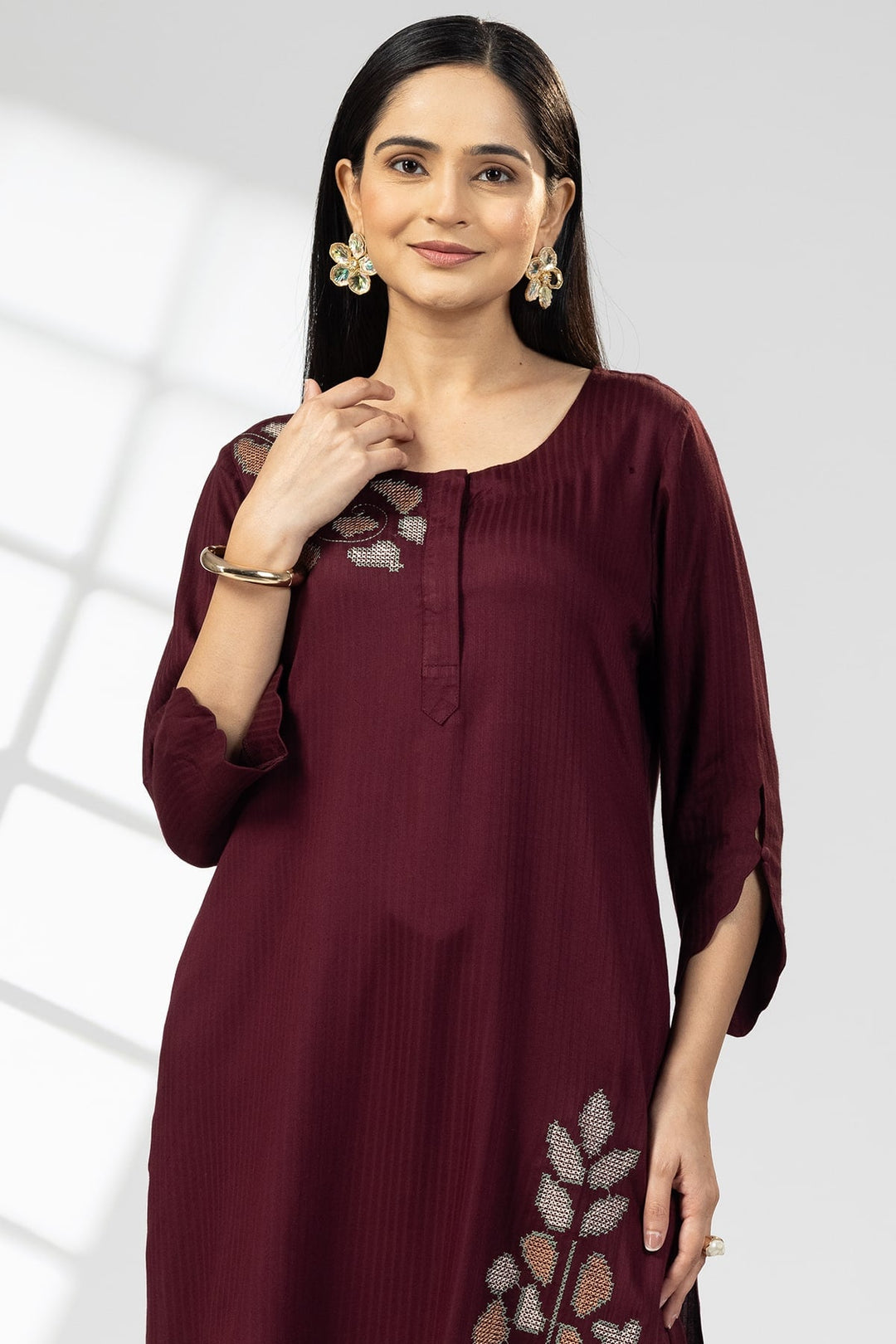 Plum Embroidered Viscose Dobby Stripe Kurti