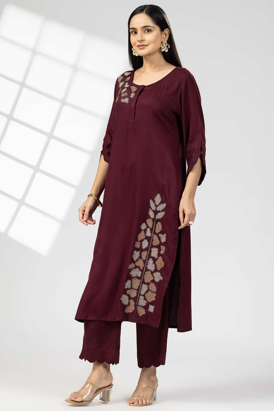 Plum Embroidered Viscose Dobby Stripe Kurti