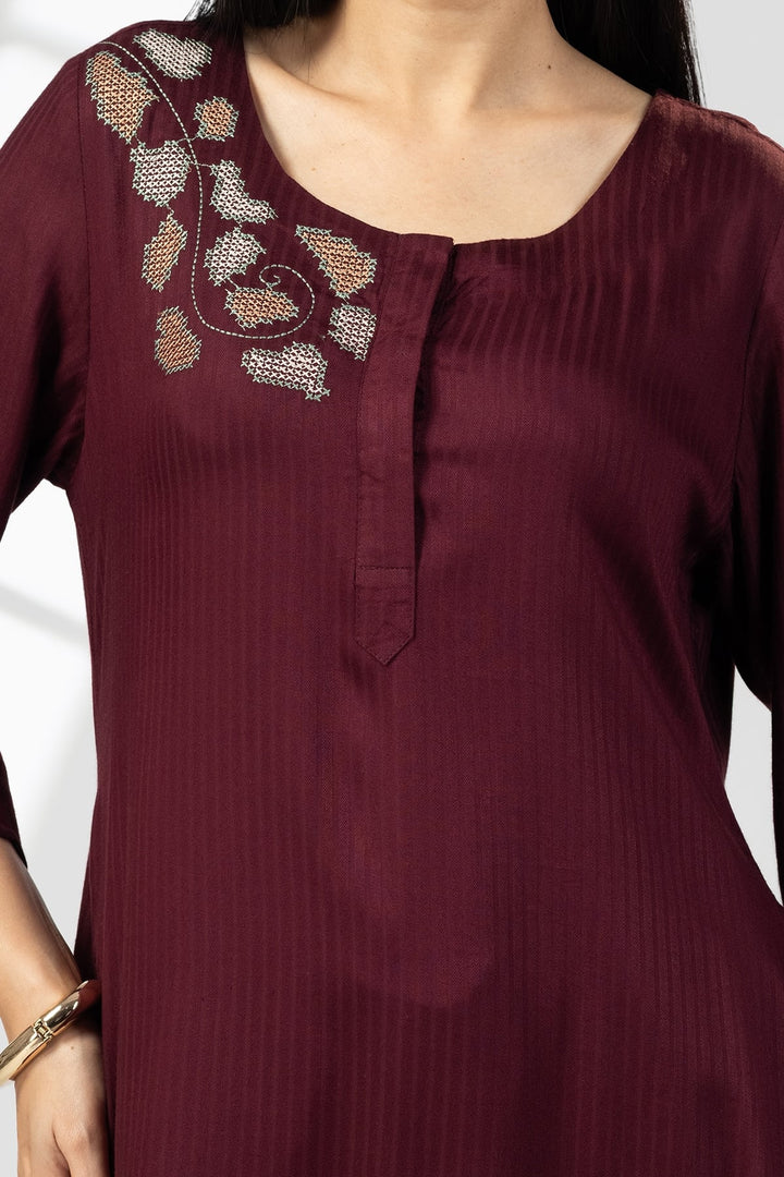 Plum Embroidered Viscose Dobby Stripe Kurti