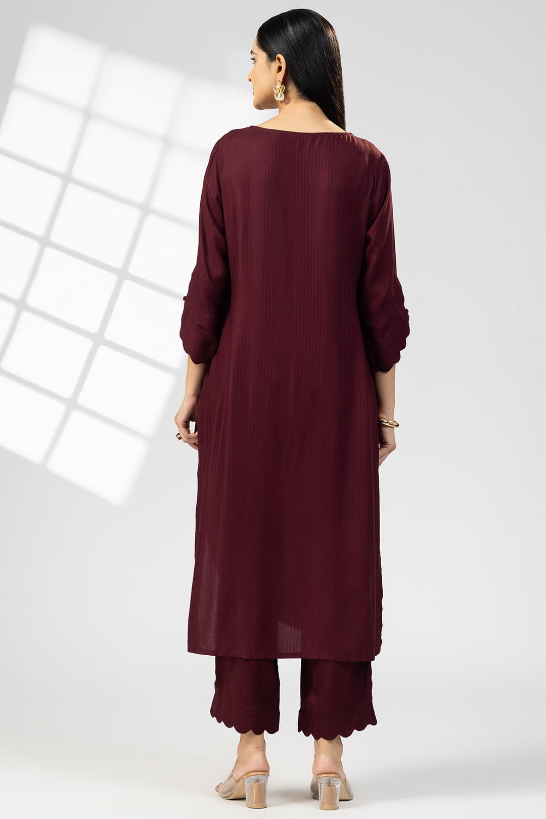 Plum Embroidered Viscose Dobby Stripe Kurti