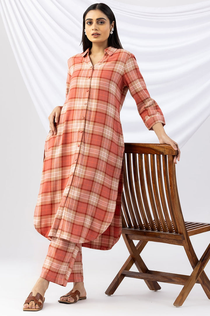 Checked Rust Brush Rayon Twill Collared Winter Kurti
