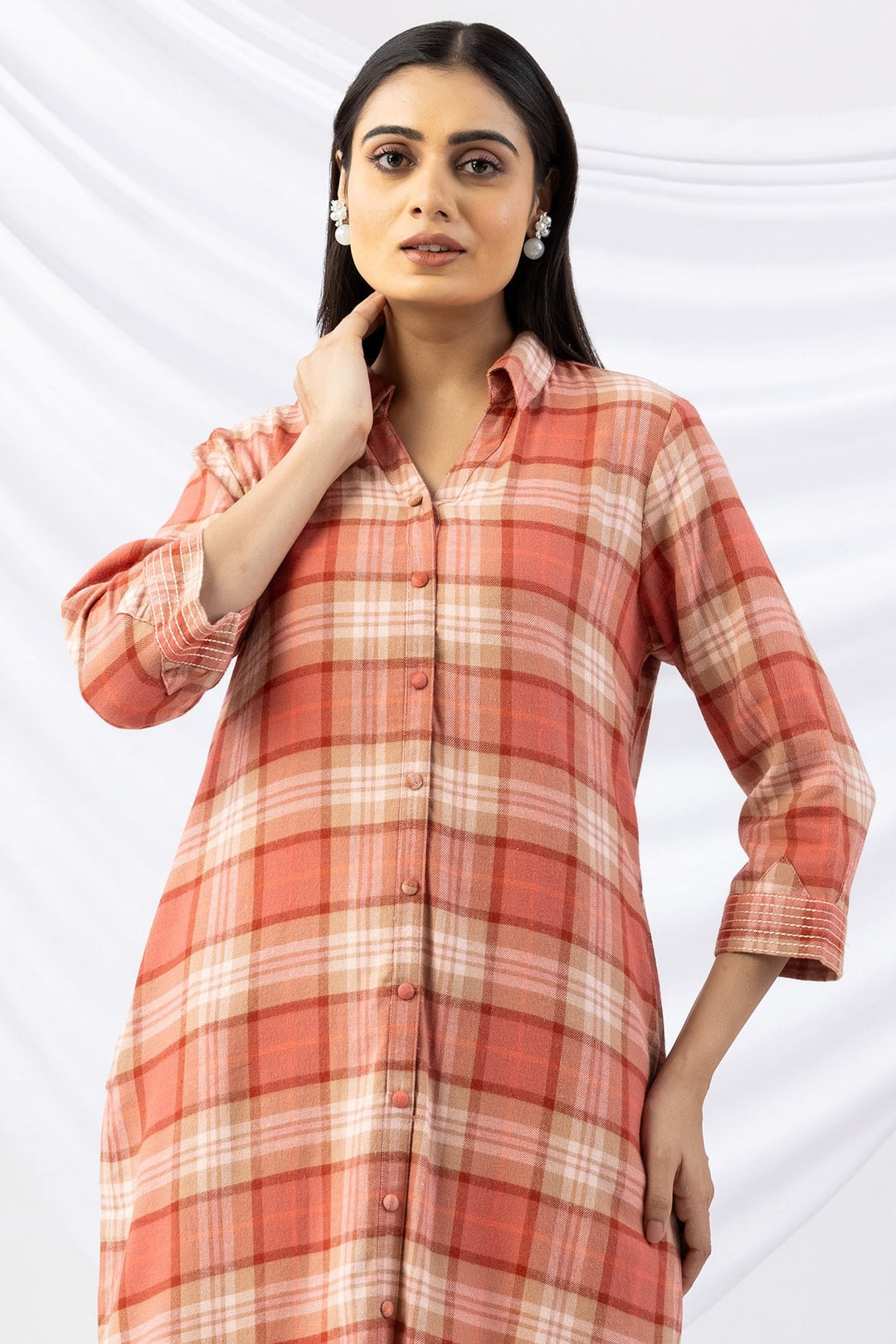 Checked Rust Brush Rayon Twill Collared Winter Kurti