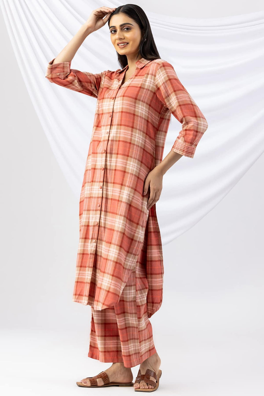 Checked Rust Brush Rayon Twill Collared Winter Kurti