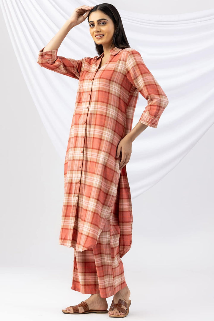 Checked Rust Brush Rayon Twill Collared Winter Kurti