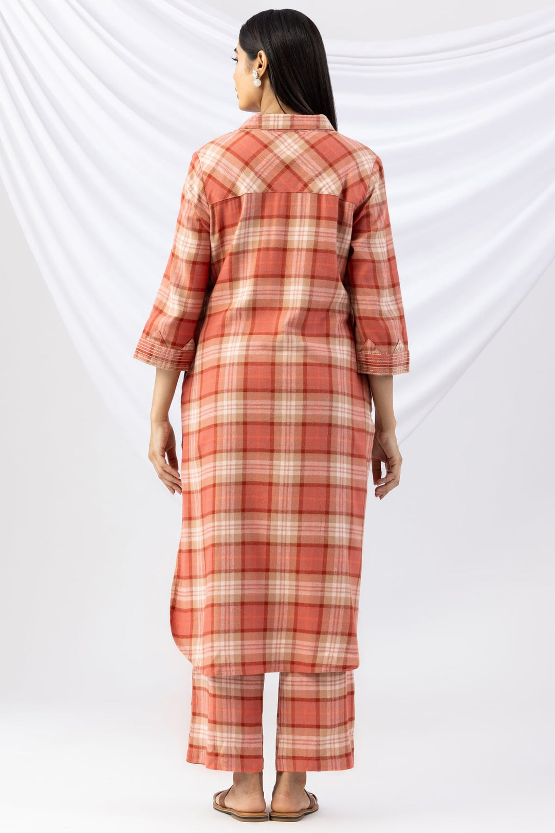 Checked Rust Brush Rayon Twill Collared Winter Kurti
