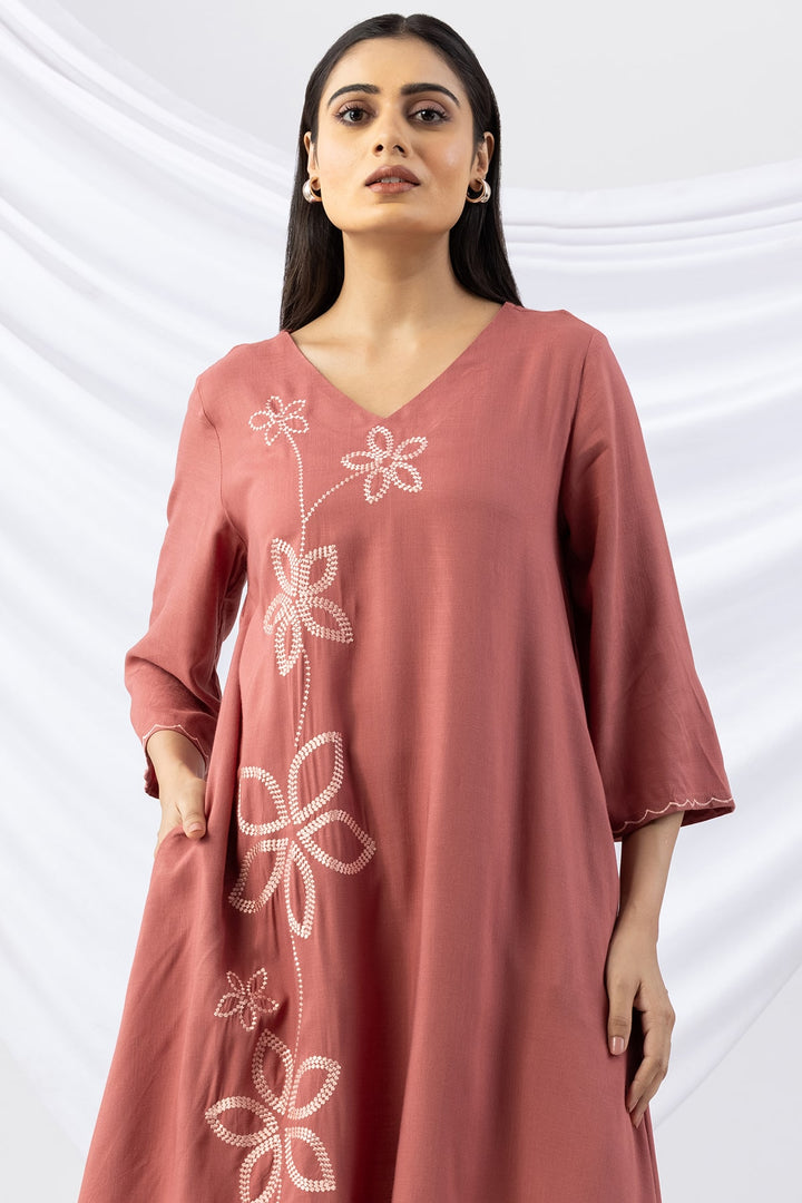 Peach Embroidered Rayon Slub Kurti