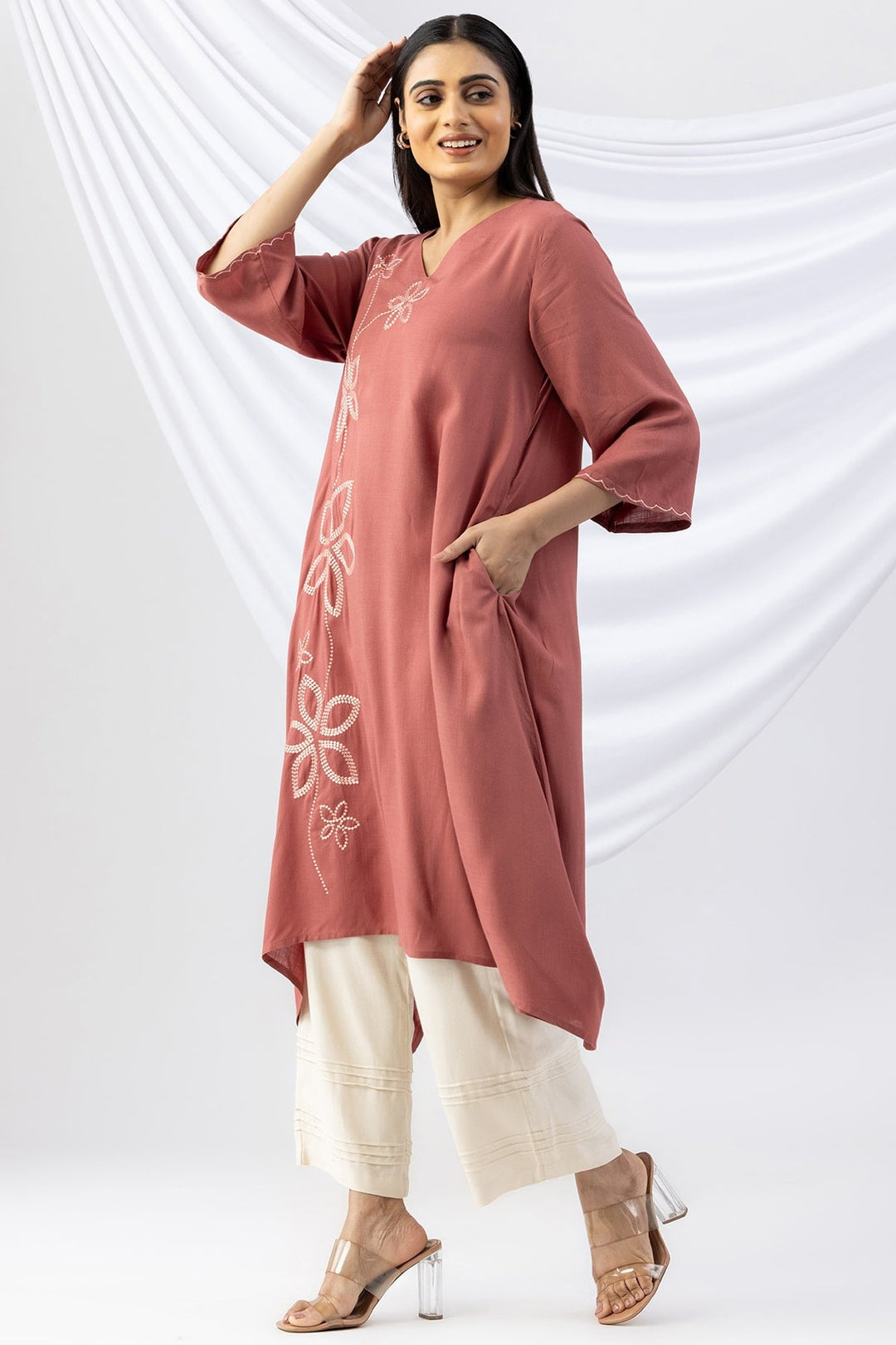Peach Embroidered Rayon Slub Kurti