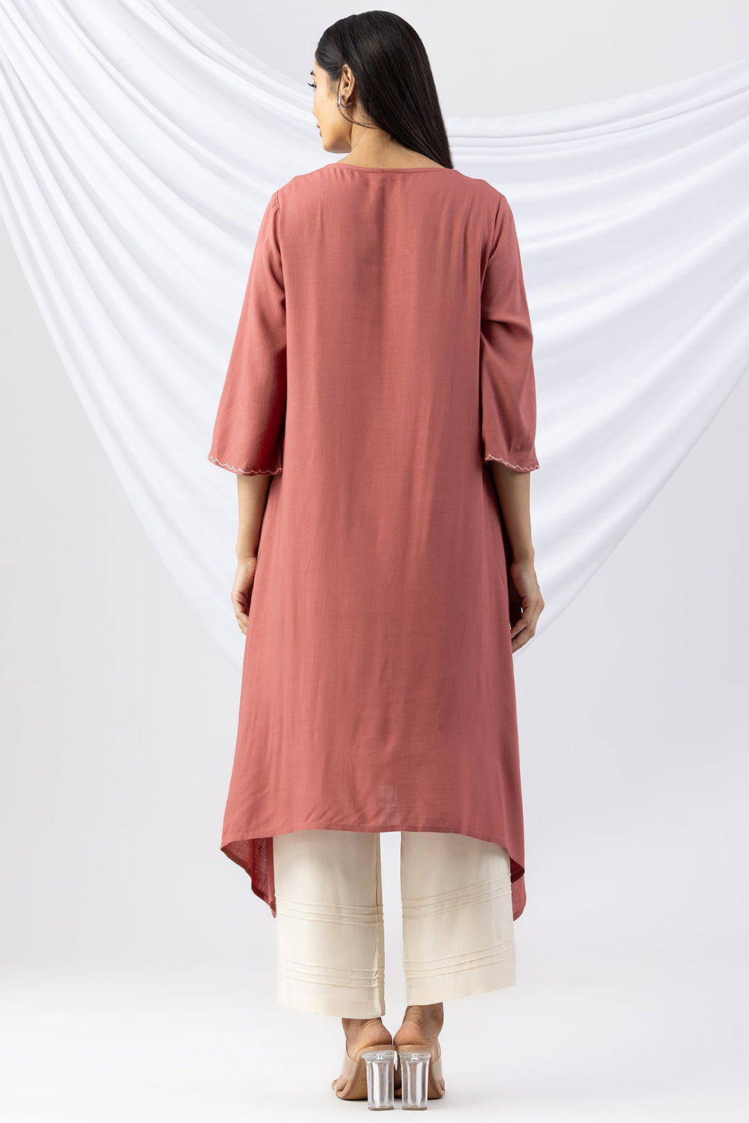 Peach Embroidered Rayon Slub Kurti