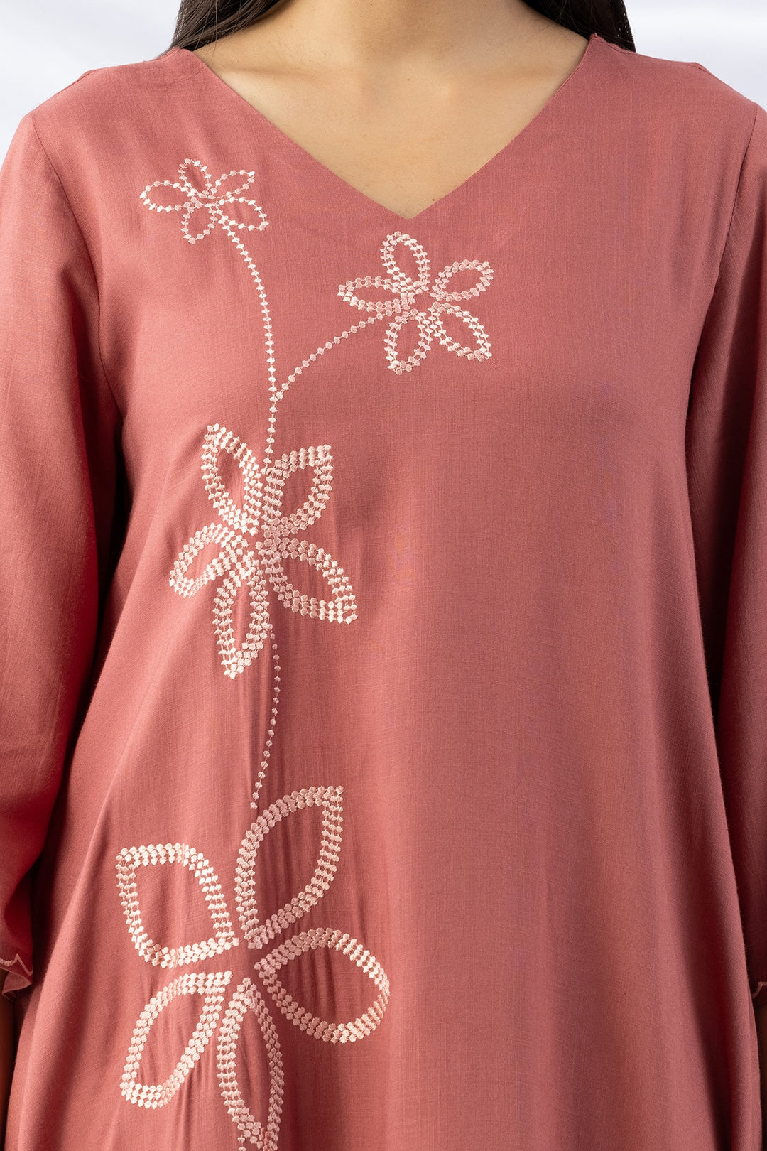 Peach Embroidered Rayon Slub Kurti