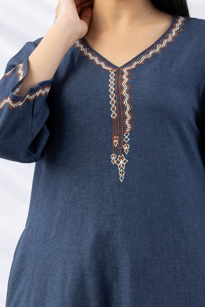 Embroidered Navy Wool Linen Twill Winter Kurti