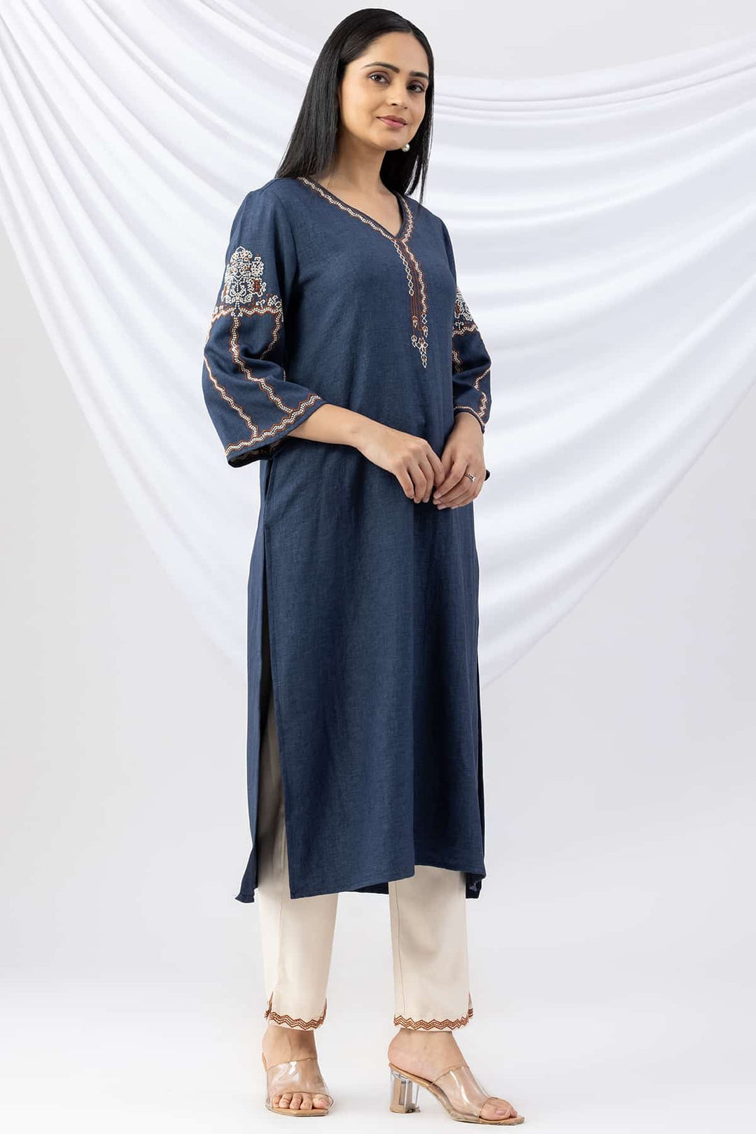Embroidered Navy Wool Linen Twill Winter Kurti