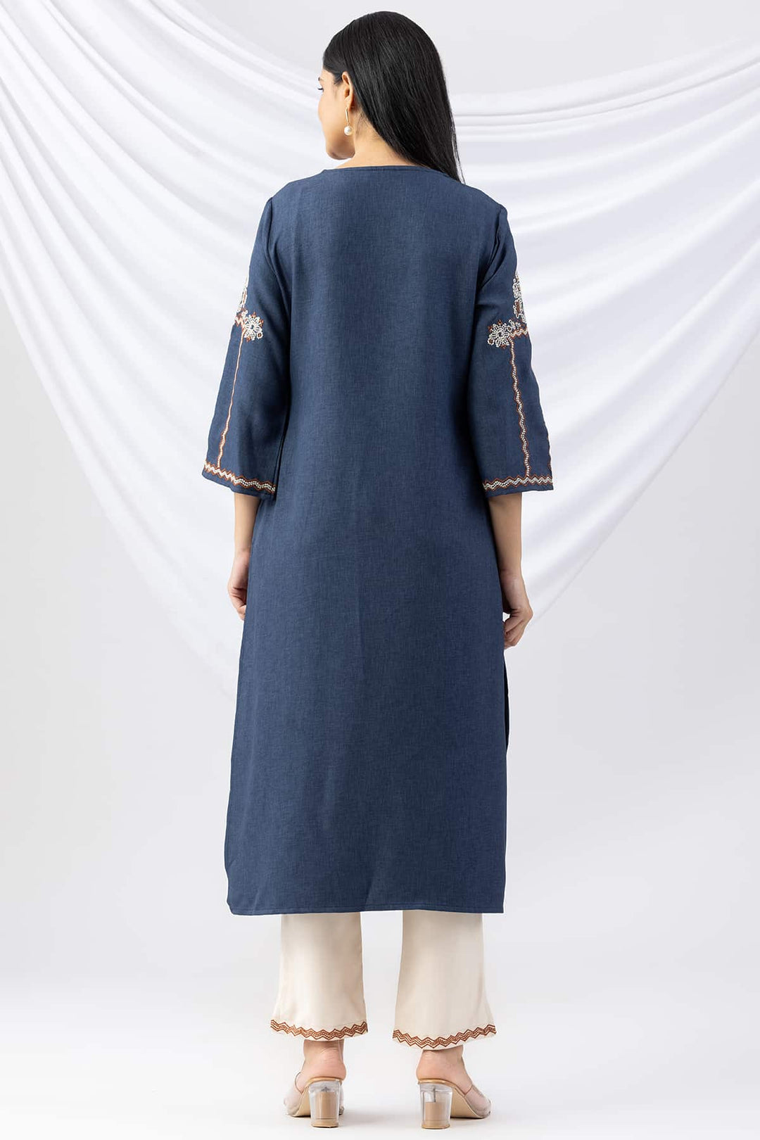 Embroidered Navy Wool Linen Twill Winter Kurti