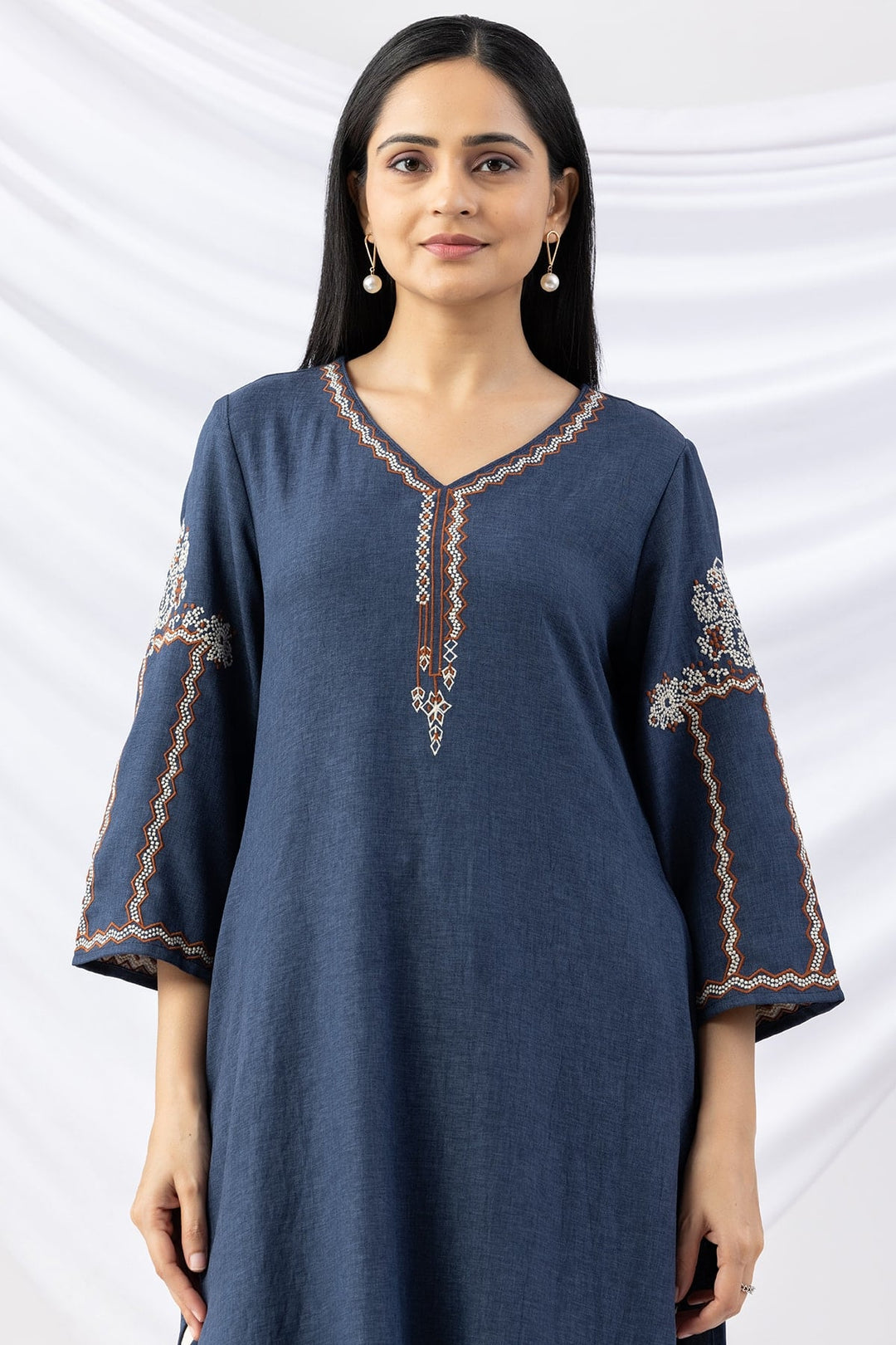 Embroidered Navy Wool Linen Twill Winter Kurti