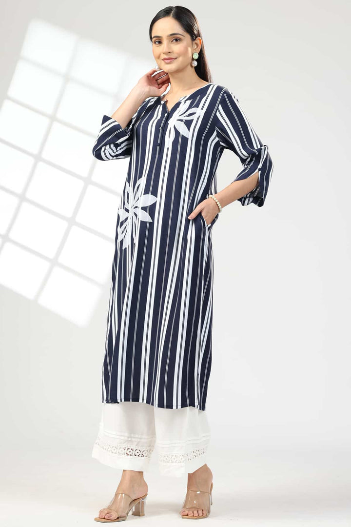 Blue Embroidered Rayon Kurti with Flat Neck and 3/4th Sleeves