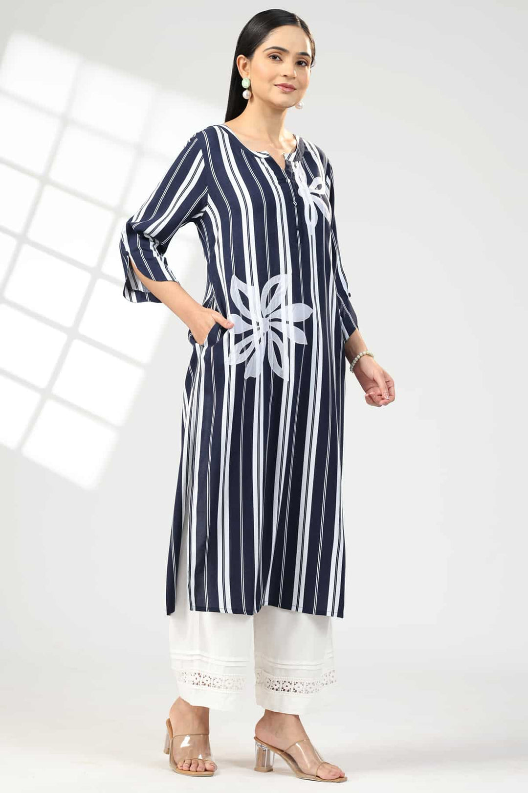 Blue Embroidered Rayon Kurti with Flat Neck and 3/4th Sleeves