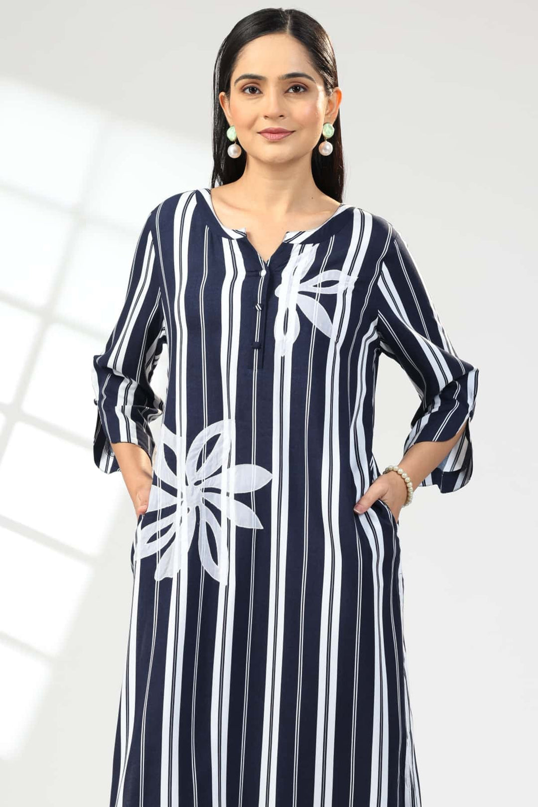Blue Embroidered Rayon Kurti with Flat Neck and 3/4th Sleeves