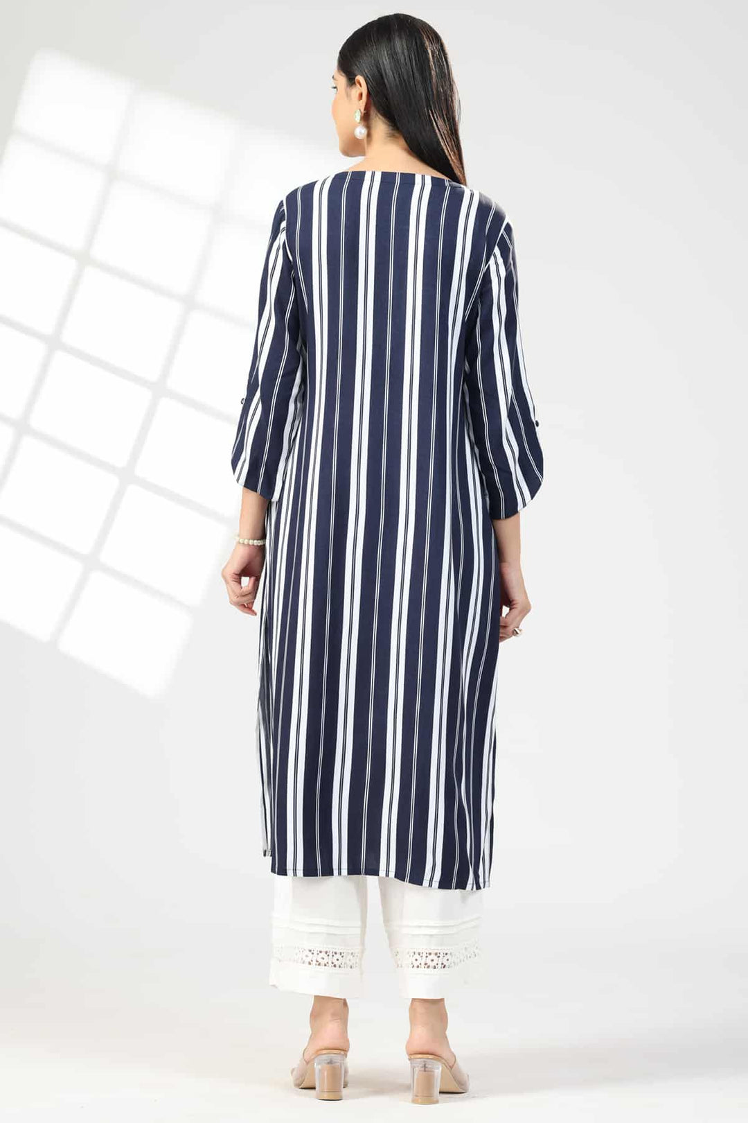 Blue Embroidered Rayon Kurti with Flat Neck and 3/4th Sleeves