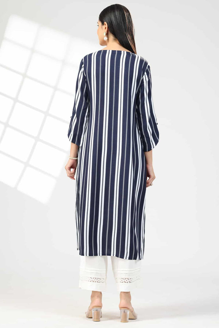 Blue Embroidered Rayon Kurti with Flat Neck and 3/4th Sleeves