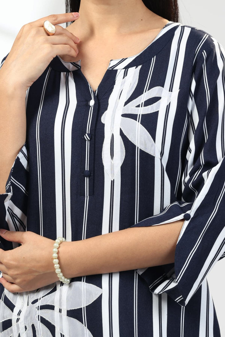 Blue Embroidered Rayon Kurti with Flat Neck and 3/4th Sleeves