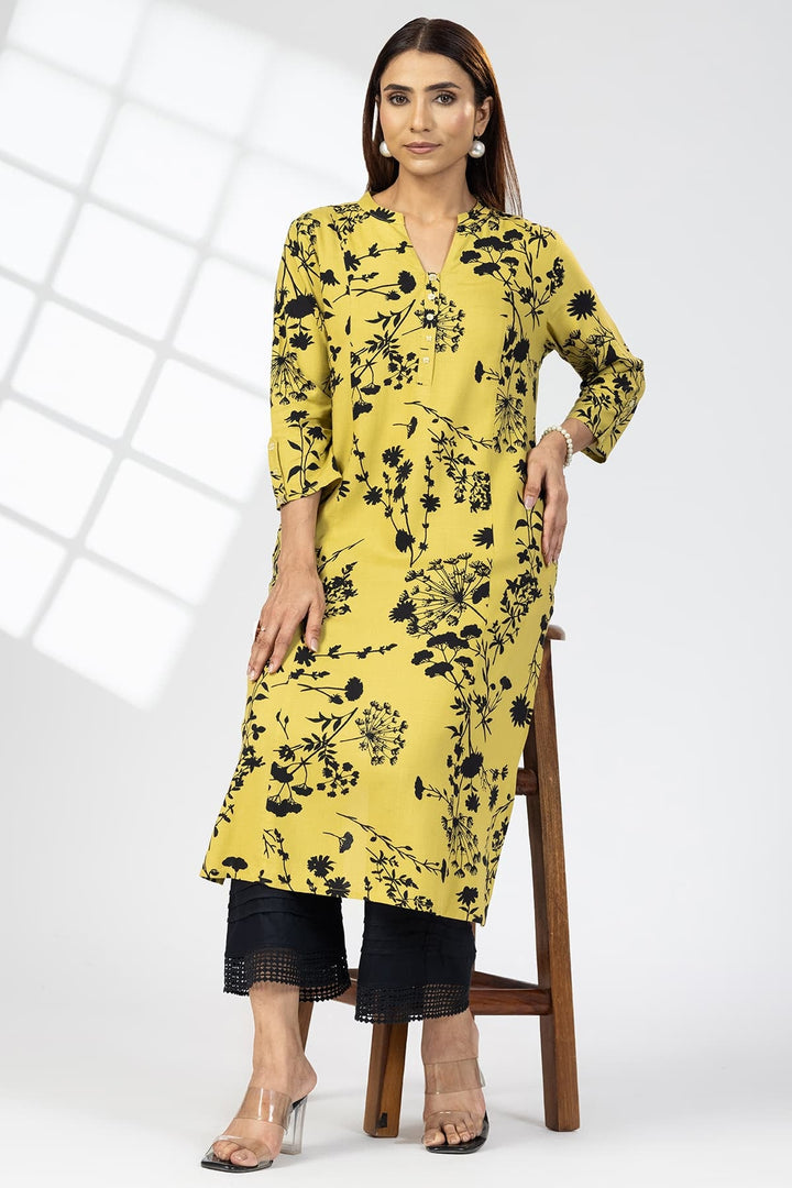 Mustard Rayon Slub Printed Kurti