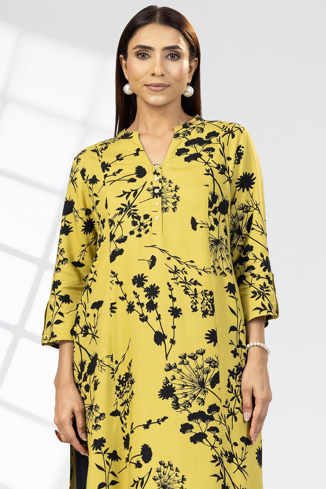 Mustard Rayon Slub Printed Kurti
