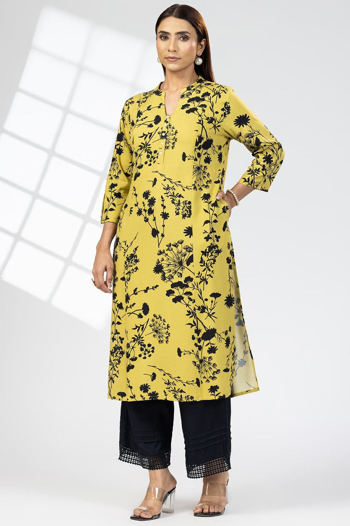 Mustard Rayon Slub Printed Kurti