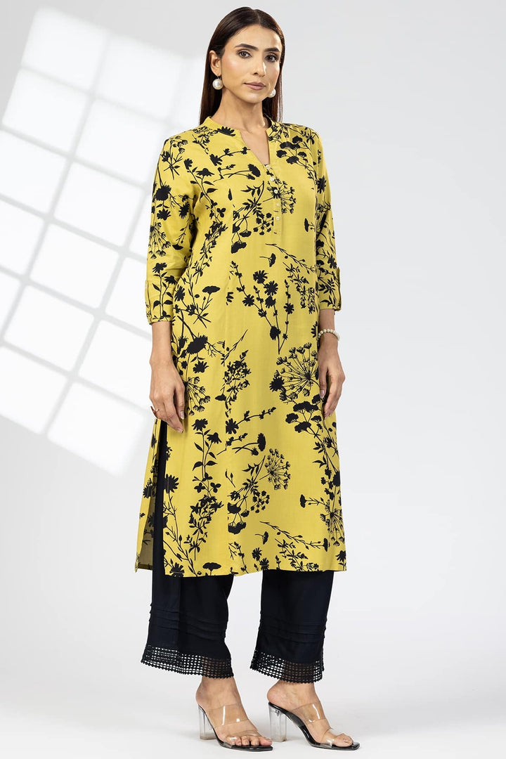Mustard Rayon Slub Printed Kurti