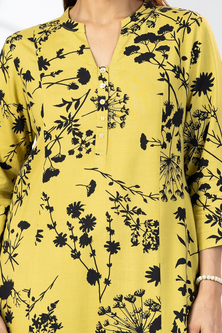 Mustard Rayon Slub Printed Kurti