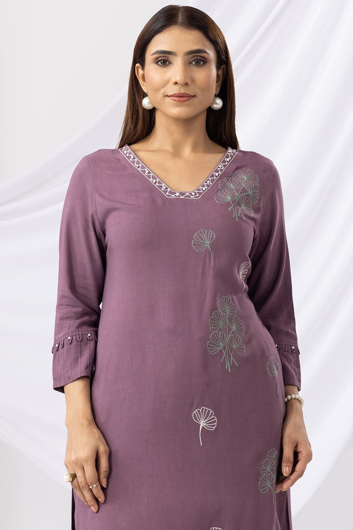 Lavender V Neck Kurta Set For Women