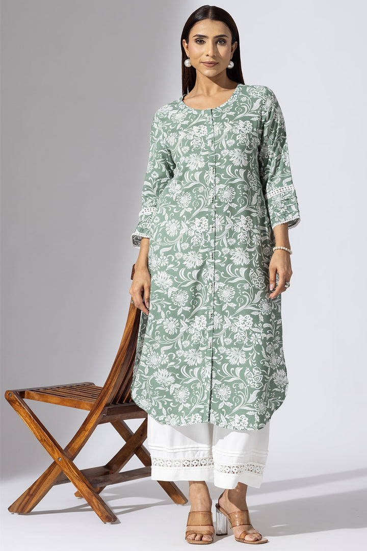 Green Printed Viscose Slub Kurti