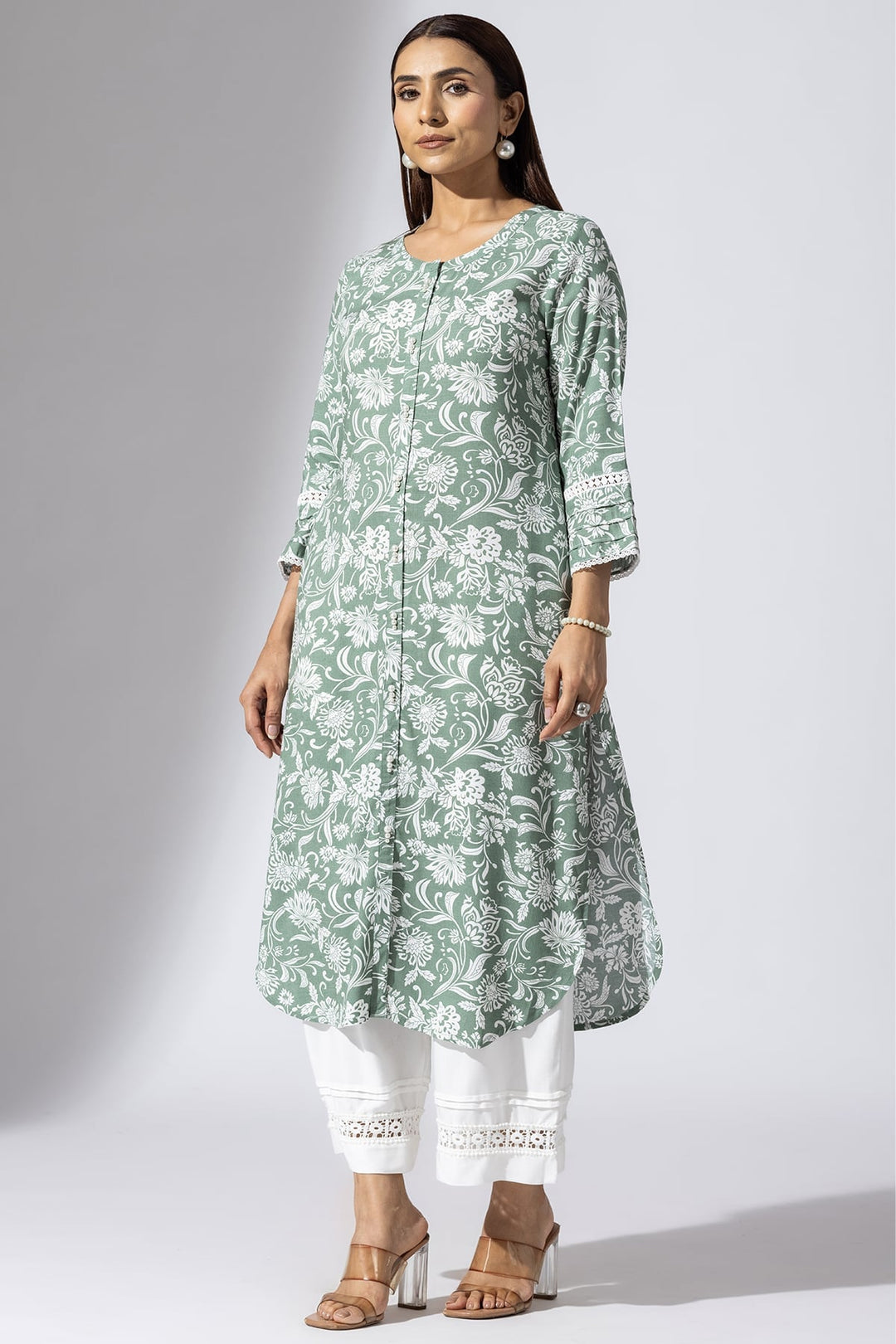 Green Printed Viscose Slub Kurti