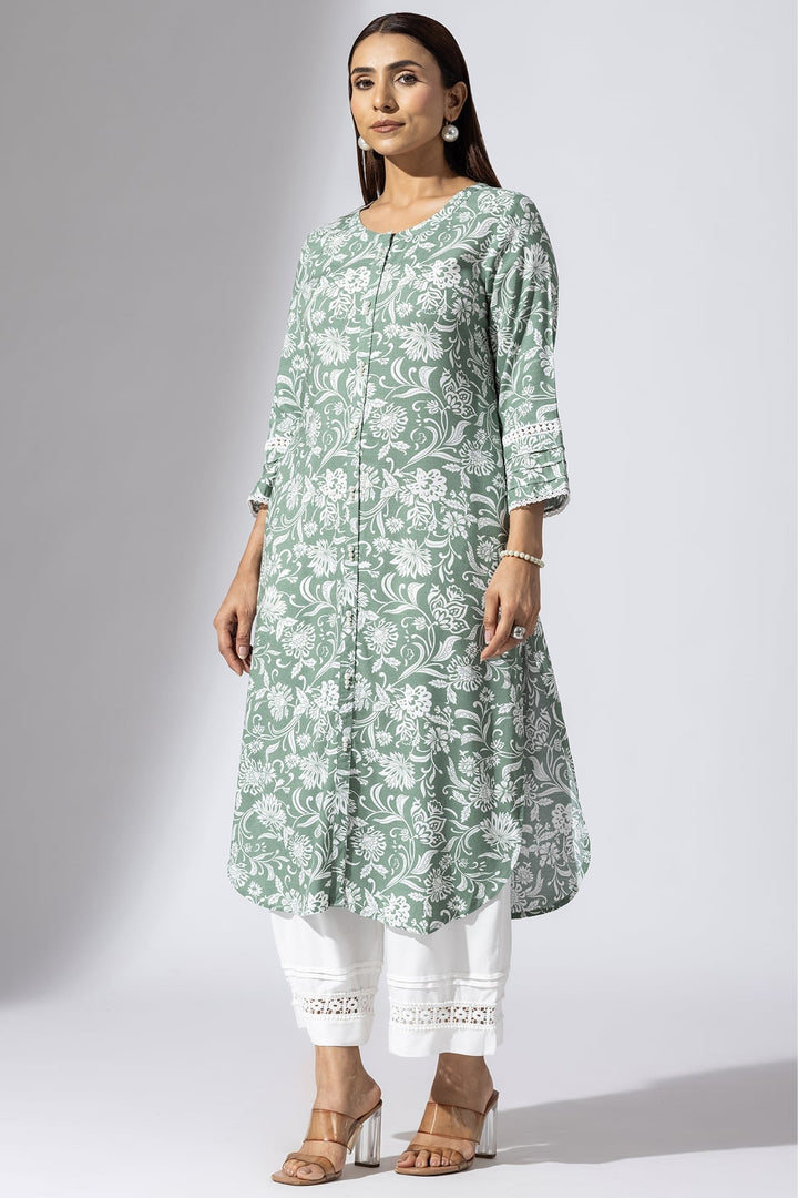 Green Printed Viscose Slub Kurti