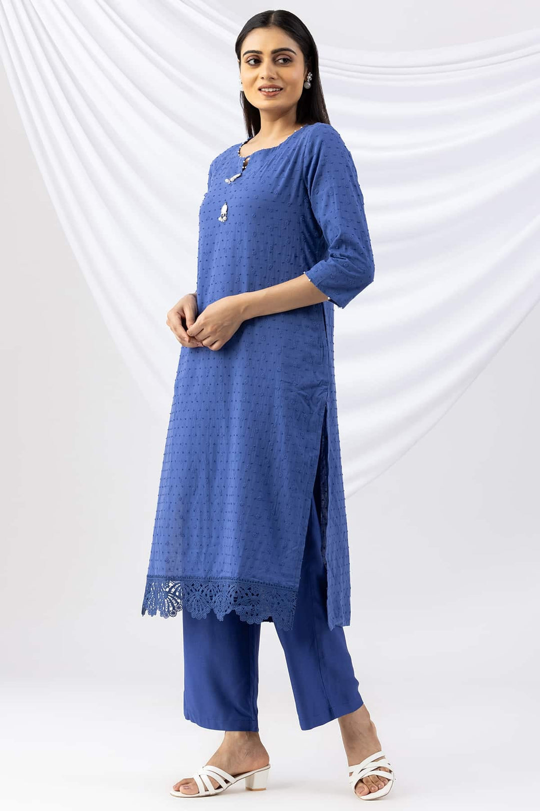 Blue Cotton Embroidered Kurti with 3/4th Sleeves
